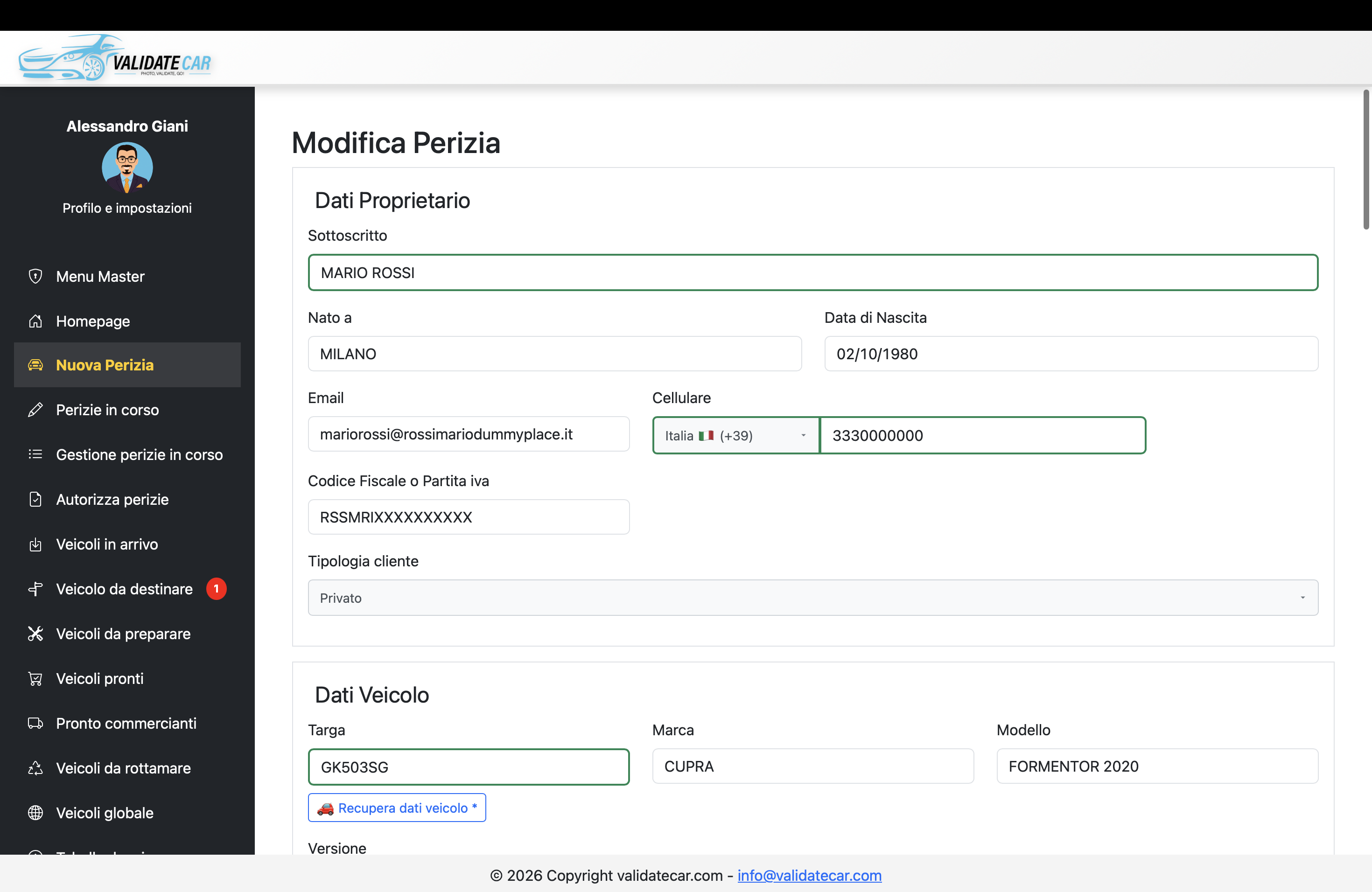 Perizia: dati veicolo